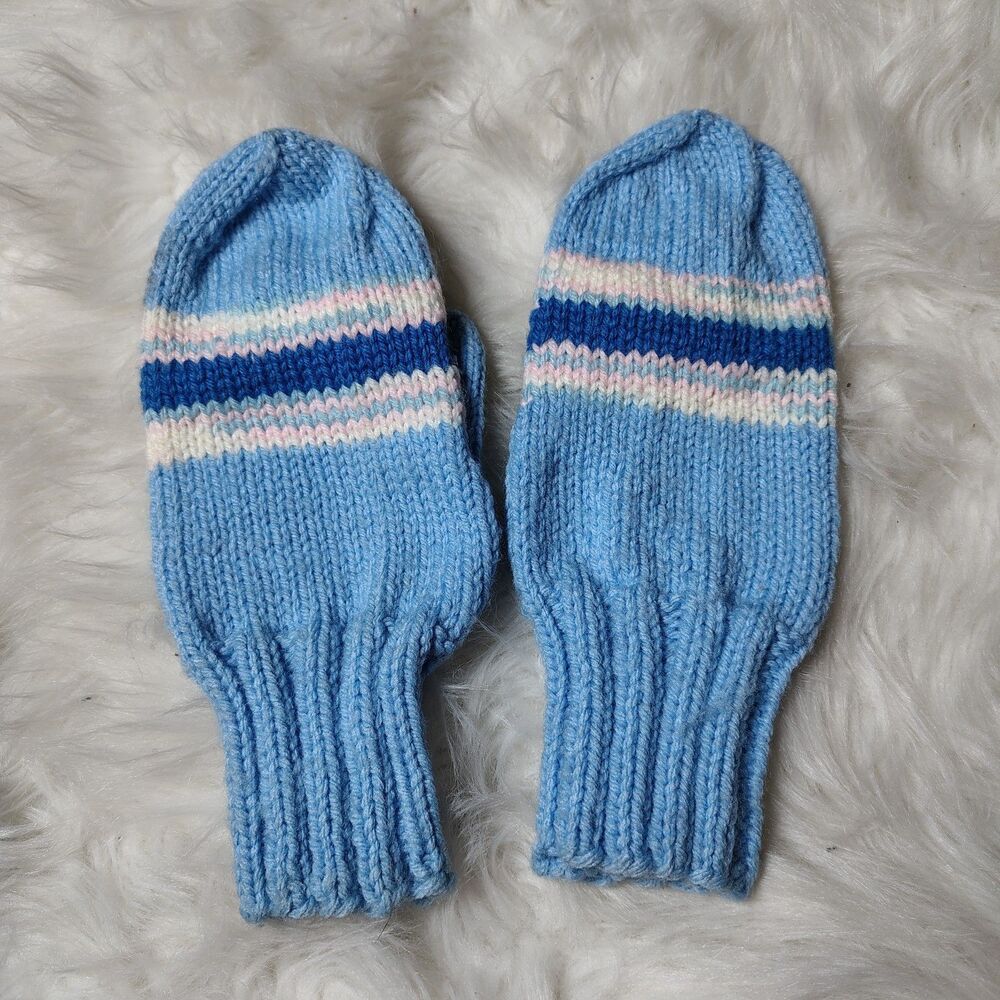 Retro Knit/Crochet Mittens Baby Blue VTG Girls Sz( S/M)/RT1